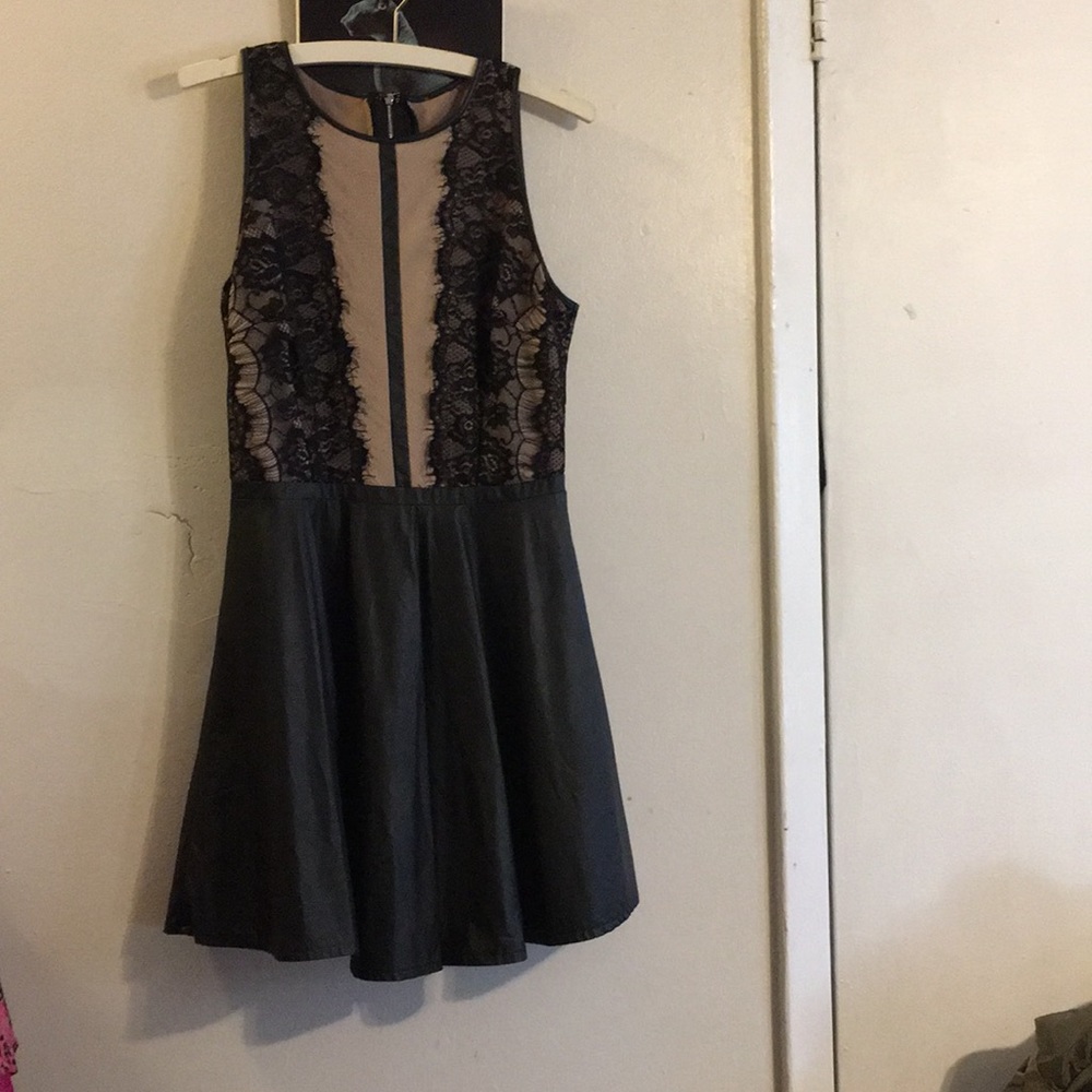 Black & Beige Faux Leather Sleeveless Dress